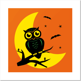 Halloween Cute Retro Vintage Owl and Moon Posters and Art